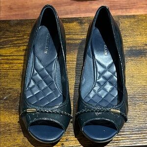 Cole Haan Navy Patent Peep-Toe Heels with Gold Accent size 5.5M